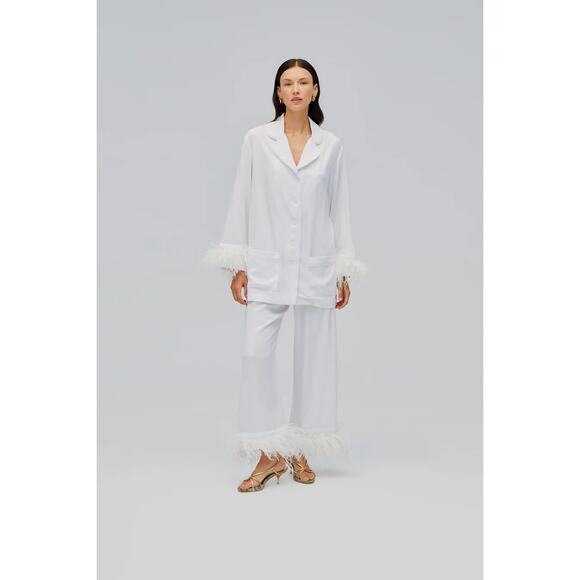 Sleeper Party Pajamas Set with Feather Trim in White XL NWT $390 - Picture 2 of 13